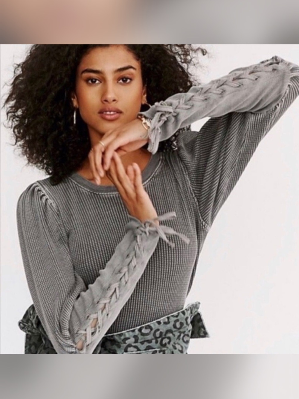 Free people one Tasha light blue gray waffle knit top XS S